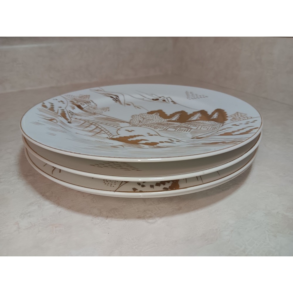 Vtg Meijyo 1950's KUTANI Hand Painted Side Plates (4) Japanese Gold Landscape